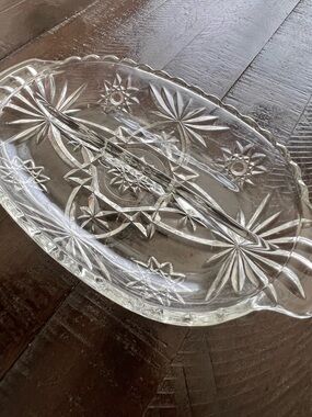 Vintage starburst cut glass relish tray divided dish handles crackers cheese